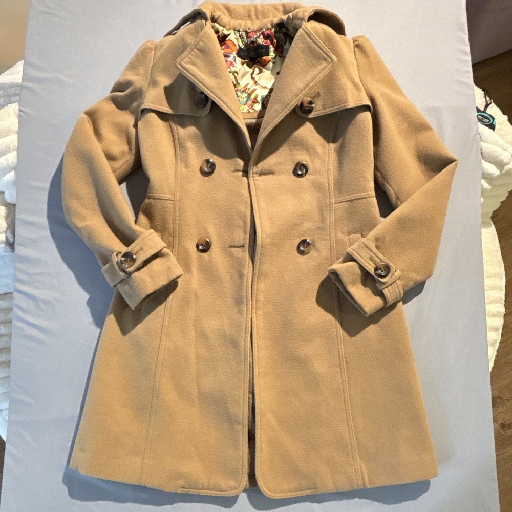 Steve Madden Womens Camel Tan Double Breasted Pea Coat Floral Lining Small